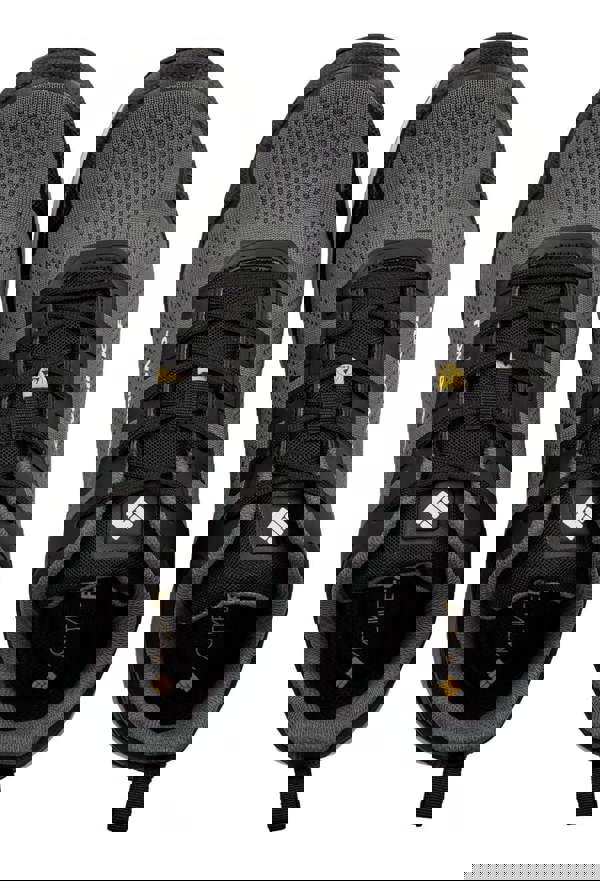 TOWORKFOR Super Set Mens/Womens Composite S1P Safety Trainers, top view of black and grey safety work shoes with breathable material and reinforced toe cap.