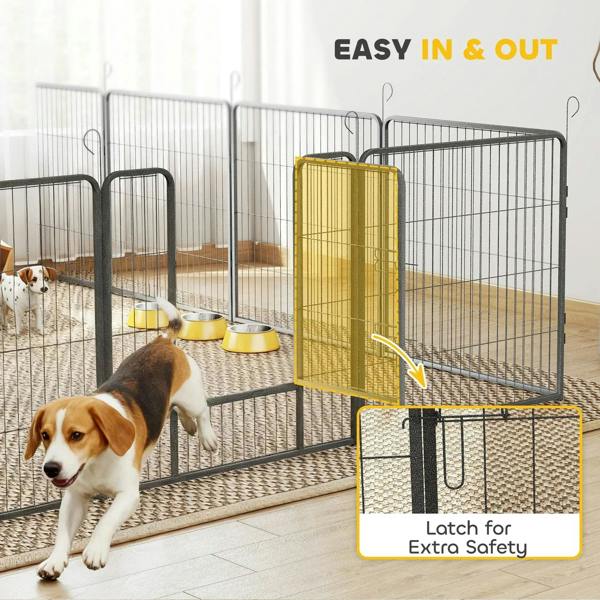 Grey dog playpen with hinged gate and latch for secure entry