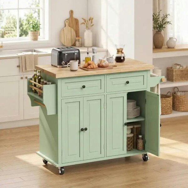 Rolling Kitchen Island Storage Trolley with Rubber Wood Top & Drawers for Dining Room, Light Green - Light Green