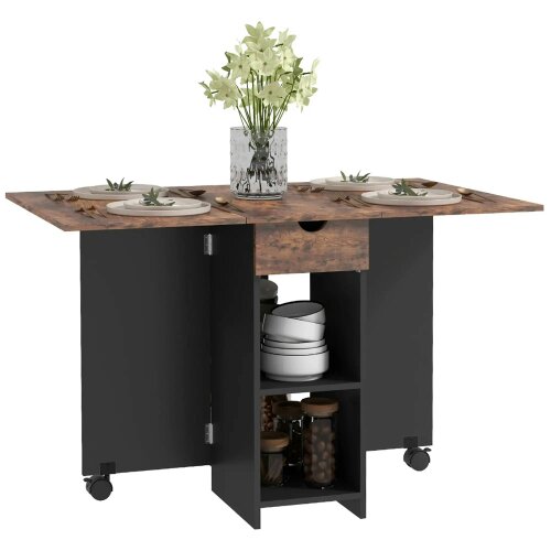 Wyld Haus Barretti Wooden Rustic Brown Folding Drop Leaf Dining Table With Drawer And Storage Shelves