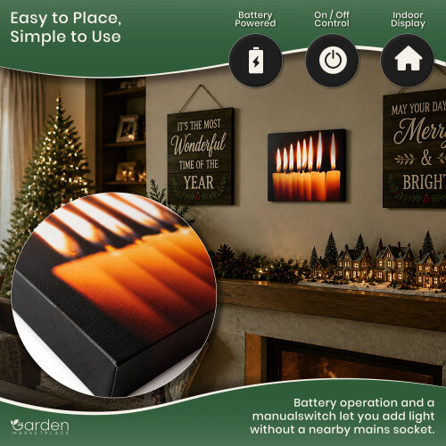 Christmas Canvas Print with 8 LED Flickering Candles, 40 x 30cm, Stretched Wooden Frame, Battery Operated, Indoor Use