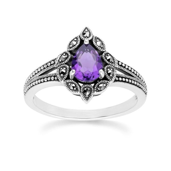 Gemondo Art Deco Style Pear Amethyst & Marcasite Ring in Sterling Silver
