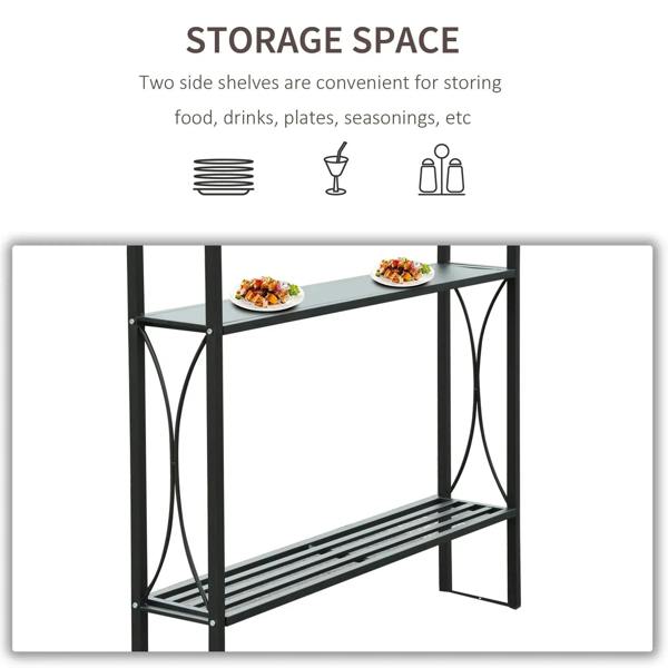 Brown gazebo canopy with black metal frame and built-in lower side shelf