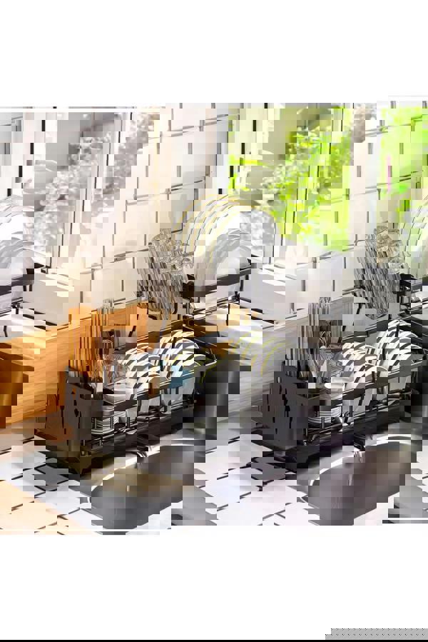 Living and Home 2-Tier Dish Drainer Rack with Kitchen Utensil and Glass Holder - Black