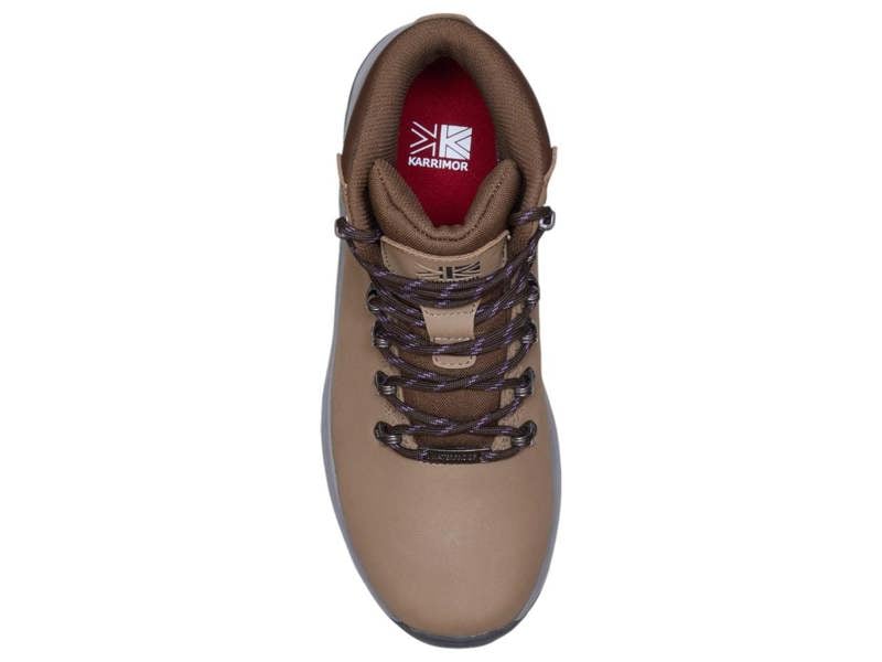 Karrimor Mendip 4 Womens Waterproof Hiking Trekking Ankle Boots, top view of tan hiking boots with purple and black laced design, padded ankle collar, and red inner lining with logo.