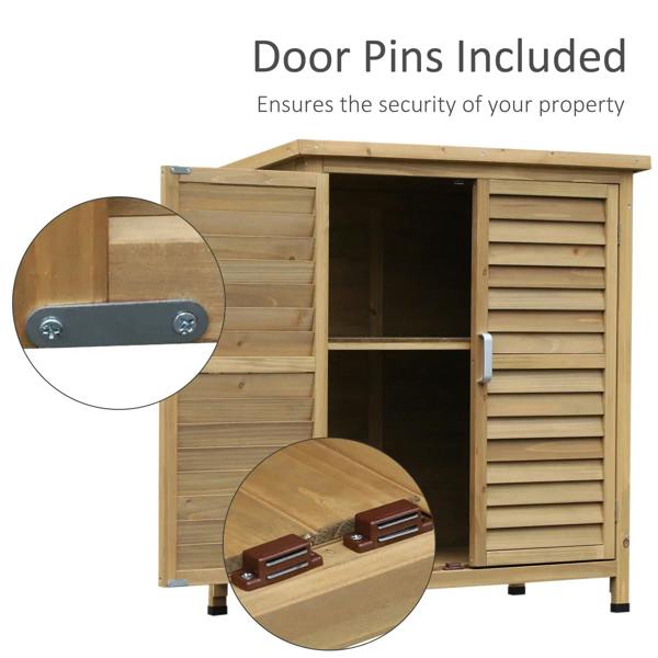 Wooden shed door with included security pins and metal latch hardware