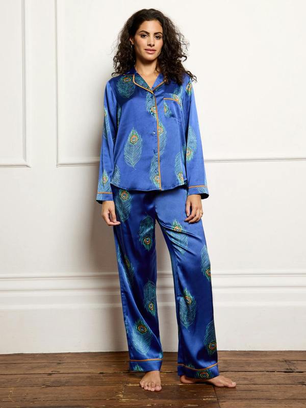 Their Nibs Womens Satin Traditional Pyjamas Navy Peacock Feather