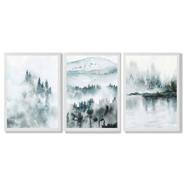 Artze Wall Art Teal Blue Abstract Forest Lake Set of 3 Framed Wall Art
