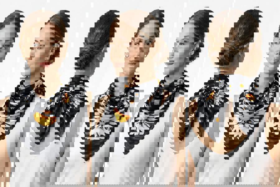 Anyyou Fashion Premium Satin Square Scarf – Daisy Black Silk-Feel Neckwrap for Women