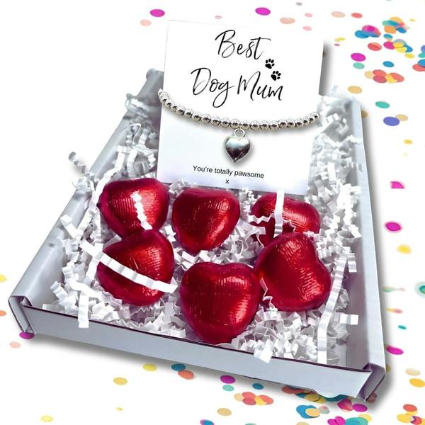 Aye Do Gifts Best Dog Mum Gift Box, Silver Heart Bracelet & Chocolate Hearts