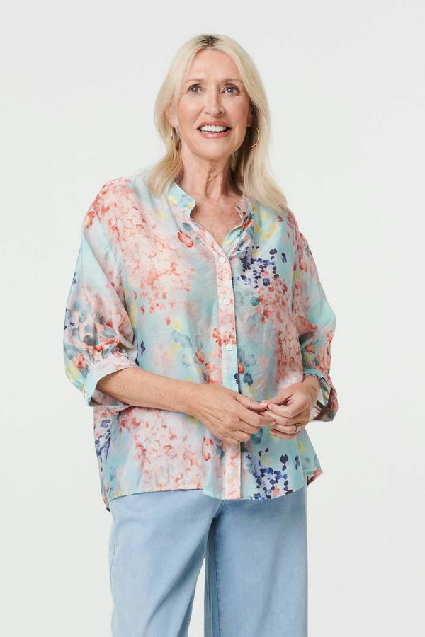Blue | Floral 3/4 Sleeve Button Front Shirt