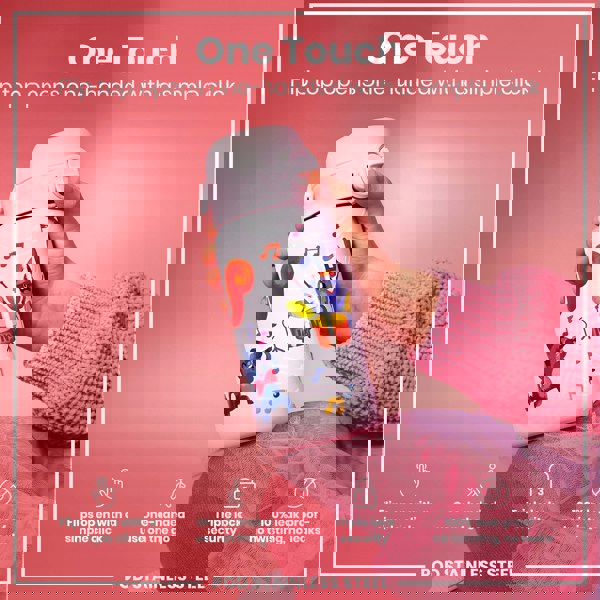 A pink water bottle with musical animal illustrations is being held. Its flip top opens one-handed. The bottle sits on a pink fabric; "One Touch," "Flips open with a simple click," "One-handed use on the go," "Triple lock security," "100% leak proof - no twisting, no leaks," and "POD STAINLESS STEEL" are also shown.