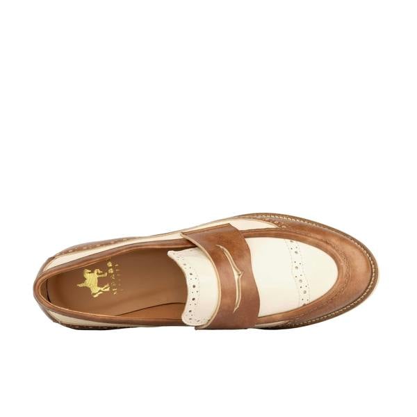 Embassy London Angelina - Tan & Cream - Women's leather almond toe penny loafer with broguing