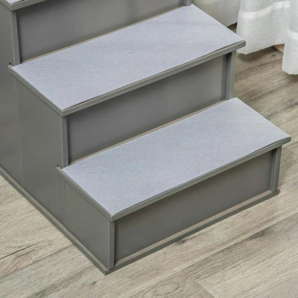 Grey 4-step pet stairs with three carpeted steps and open side supports