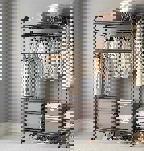 Modcraft Heavy Duty Double Clothes Rail Rack with Wheels & Storage Shelves