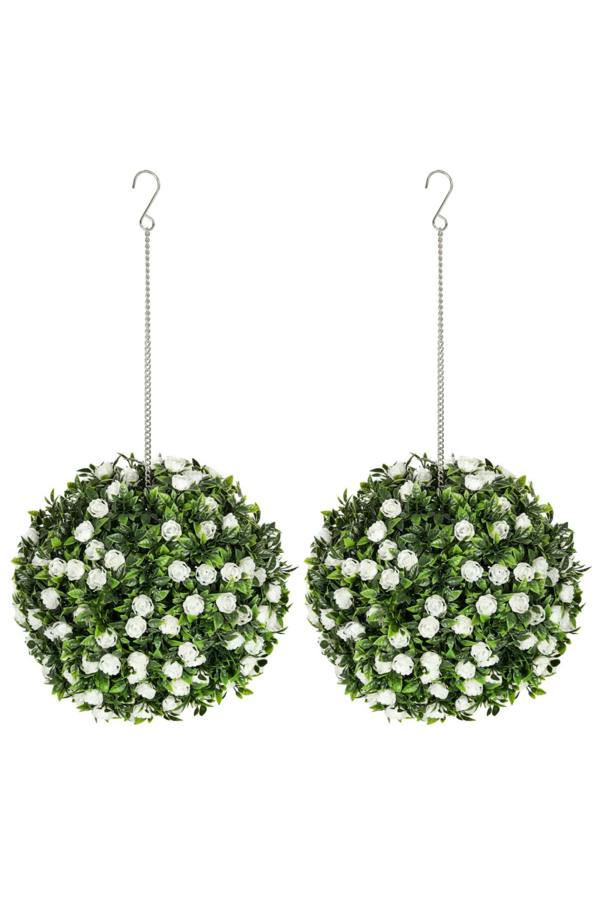Dyzi Artificial Rose Topiary Ball Set Hanging Garden Decor White
