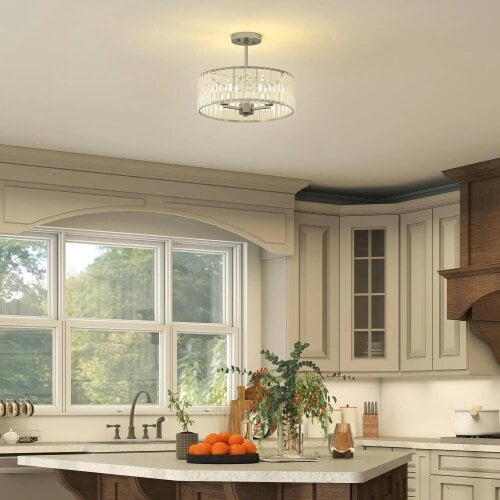 Bobobiy Crystal Ceiling Light Fixture, Semi Flush Mount Modern Crystal Chandelier Ceiling Light, E14 Base 3-Lights, Bulbs Not Included, Silver Tone