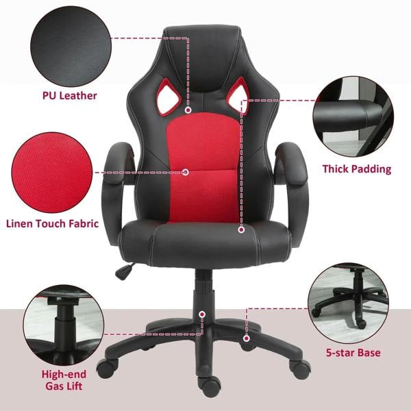 Black office chair with red fabric lumbar insert, thick padding, five-star base, gas lift