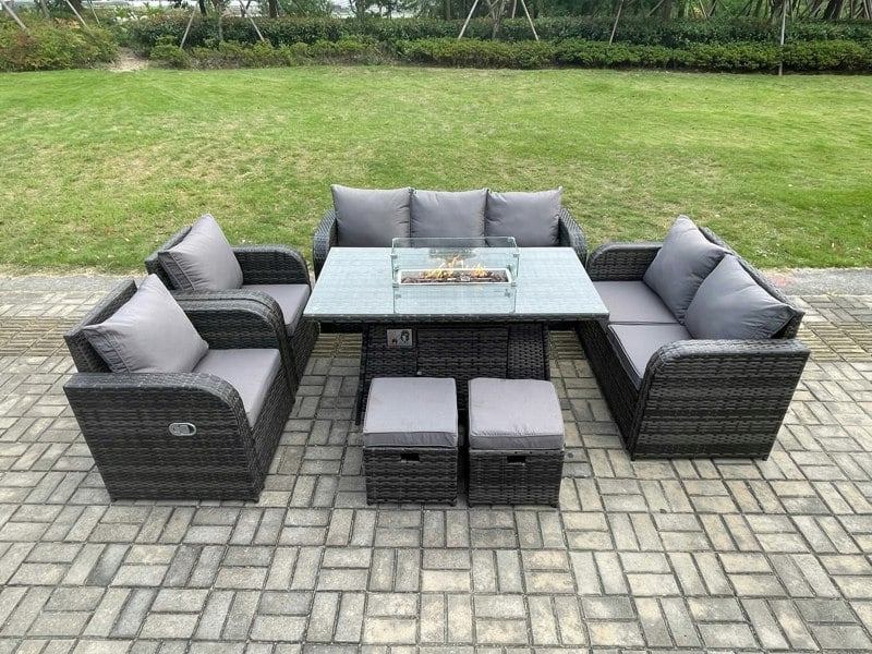 Fimous Garden Patio Furniture Wicker Rattan Gas Fire Pit Table and Sofa Chair set with 2 Small Footstools Dark Grey Mixed