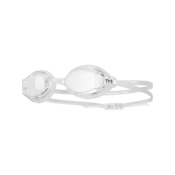 TYR Black Ops EV Racing Goggles with white silver frame and clear lenses for wide peripheral range