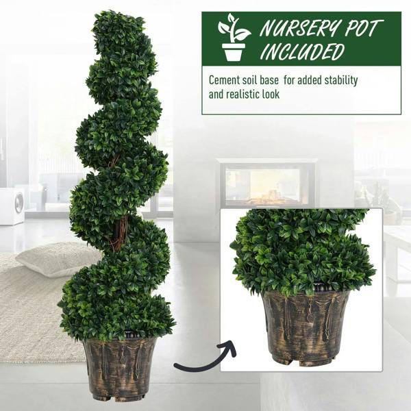 Tall artificial spiral plant in a brown textured pot with dense green leaves