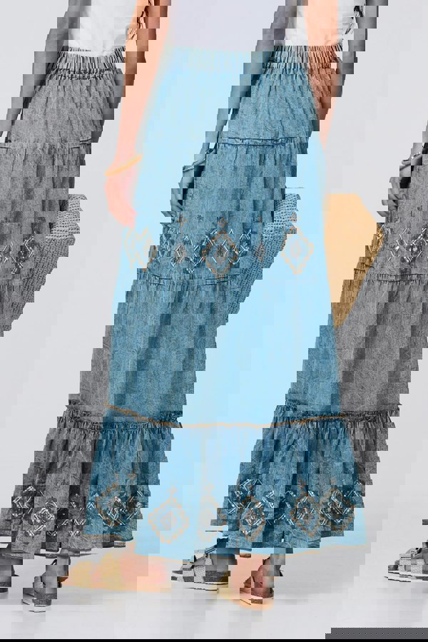 Indigo | Embroidered Tiered Tassel Waist Maxi Skirt
