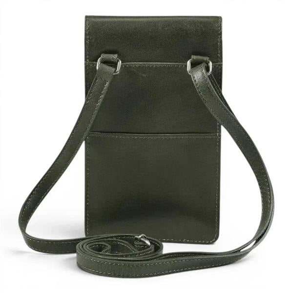 An green leather crossbody phone pouch with a matching adjustable shoulder strap, displayed on a clean white background.