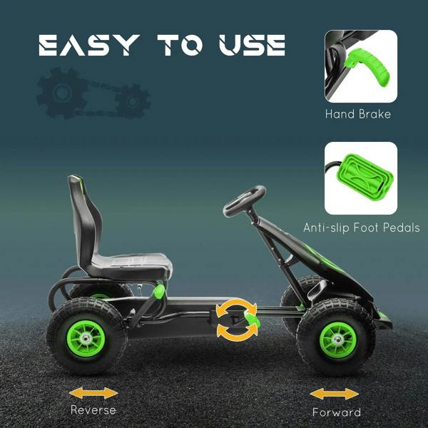 Kids pedal go-kart with hand brake and anti-slip pedals, black body with green trim.