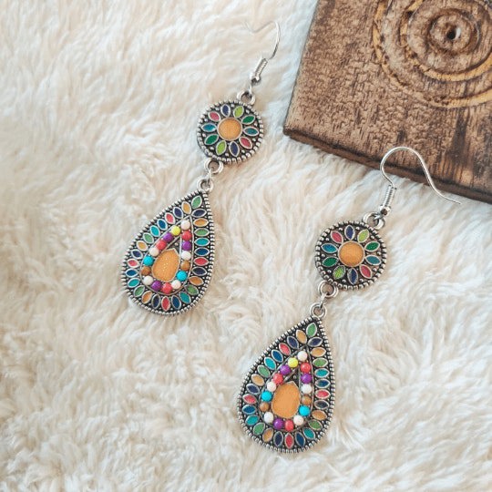 The Colourful Aura Long Mandala Water Drop Colourful Floral Enamel Indian Triangle Ethnic Danglers