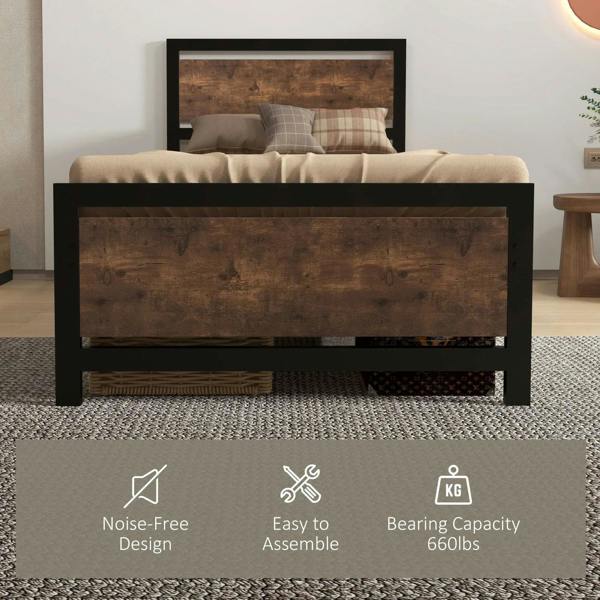 Single bed frame with headboard and footboard, rustic brown panel drawer front on black metal base