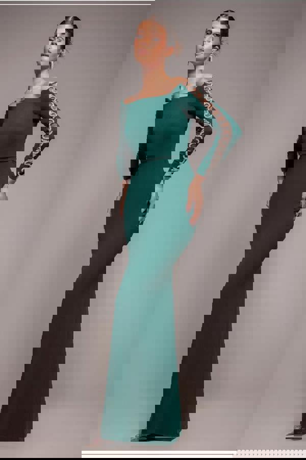 Embellished Diamante Sleeve Bardot Maxi Dress - Emerald Green DR4424