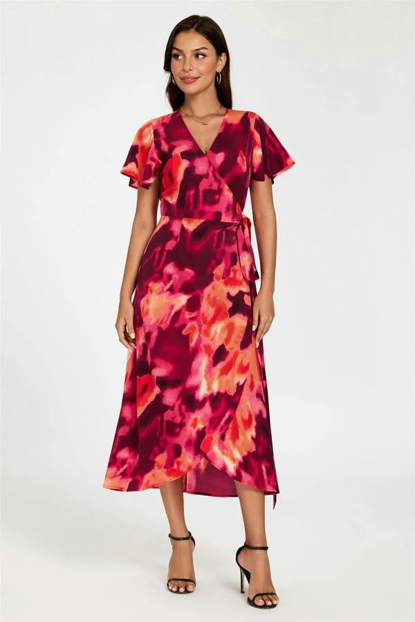 FS Collection Abstract Print Wrap Maxi Dress In Burgundy