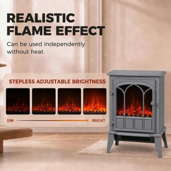 Freestanding Electric Fireplace, Electric Log Burner with LED Flame Effect, Overheating Safety System, 1000W/2000W Grey