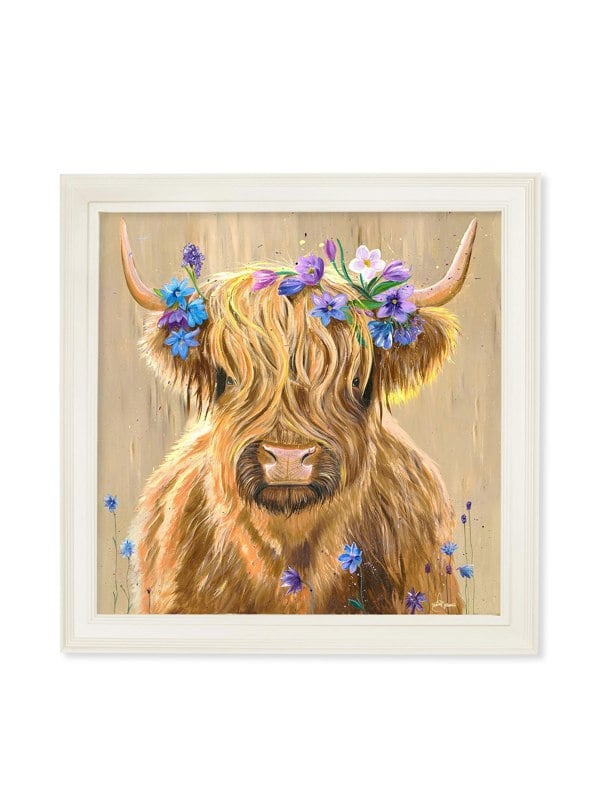 Exceptional Art Highland Cow Print 'Flower Girl' by Amy Ansell - Cream Square Frame