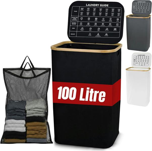 LKH HOME COLLECTION LKH Laundry Basket with Lid 100 Litre-600D Polyester Clothes Hamper-Laundry with Bamboo Handles-44x33x70cm