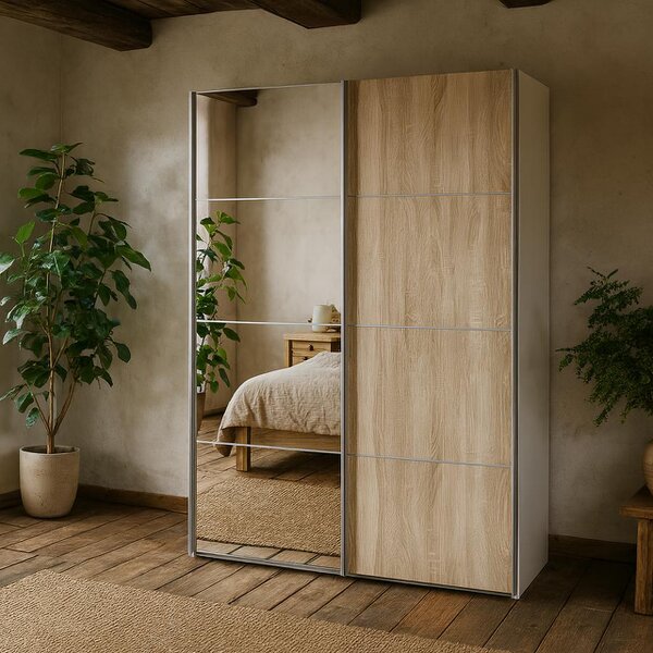 Wyld Haus Bordeaux Mirror and Natural Double Sliding Door Wardrobe 180cm 5 Shelves