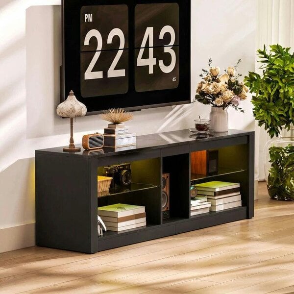TV Stand Cabinet with LED Lights and Remote Control for TVs up to 65", Entertainment Centre with Storage Shelves, Black