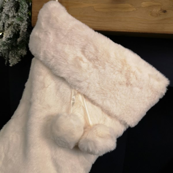 Samuel Alexander 50cm Winter White Faux Fur Hanging Christmas Stocking with Pom Poms