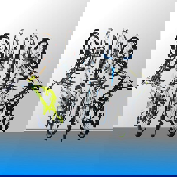 Bike wall hangers fitted to a garage wall with one downhill bike, two mountain bikes and two road bikes