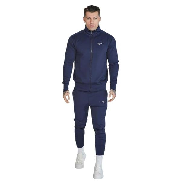 SikSilk Mens Logo Funnel Neck Slim Track Top - Navy - 