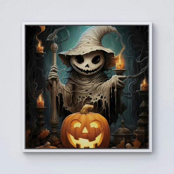 Warren Reed Creepy Ghost With Pumpkins Framed Canvas