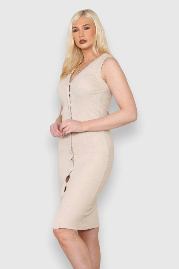 Elaina Fashion Women's Stone Casual Thick Ribbed Midi Knee Dress - Sleeveless Slim Bodycon with Front Open Button Design, V-Neck Ribbed Sweater Dress