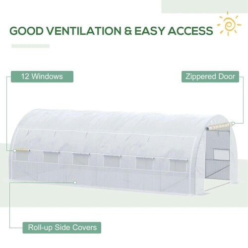 Bobobiy 6 x 3 x 2 m Polytunnel Greenhouse with Roll-up Side Walls, Walk-in Grow House Tent with Steel Frame, Zipped Door and 12 Mesh Windows, White