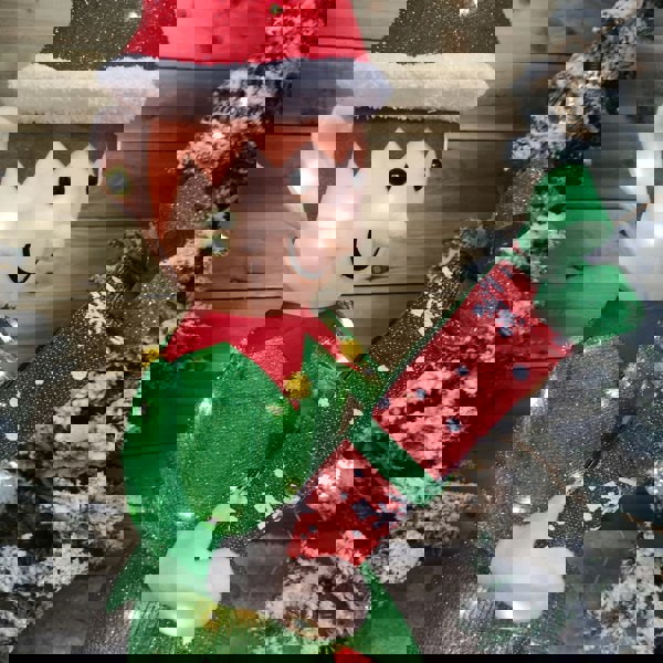 Samuel Alexander 107cm Warm White LED Lit Elf Character with Present Christmas Decoration in Green and Red