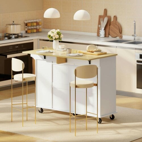 HOMCOM Kitchen Island on Wheels Drop Leaf Pull-out Storage Towel Rack, White