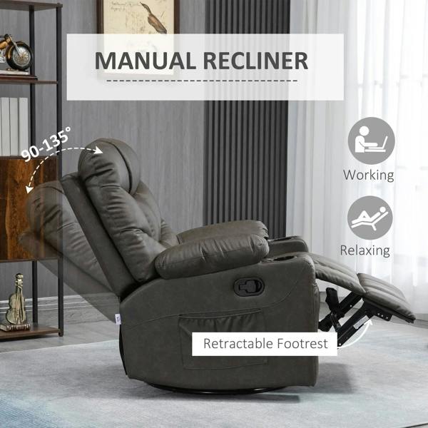 Dark faux-leather manual recliner armchair with retractable footrest extended