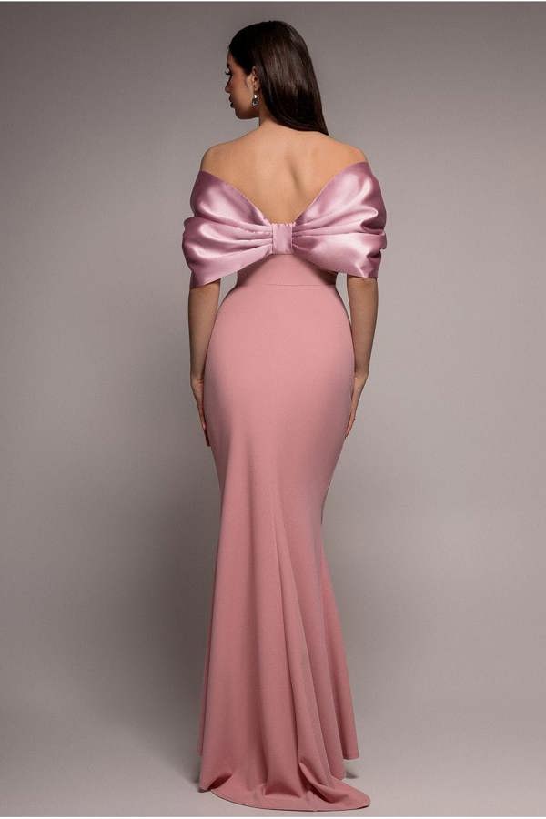 Off Shoulder Back Satin Bow Scuba Maxi Dress  - Blush Pink DR4708