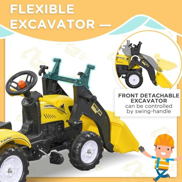 Yellow kids pedal go-kart excavator with detachable front excavator bucket