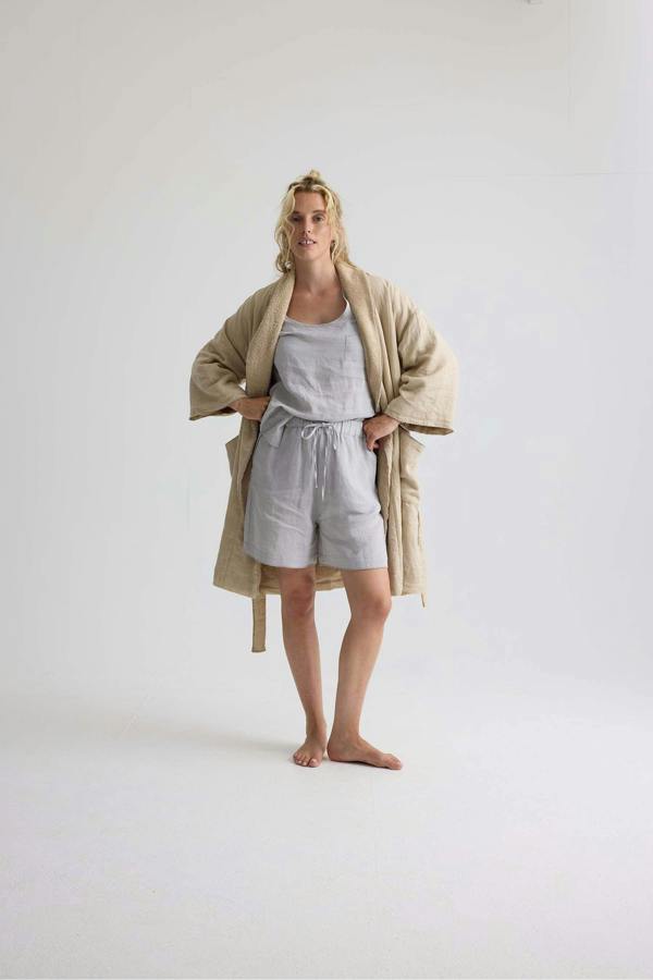 Pretty You London Short Terry Lined Linen Robe In Summer Sand