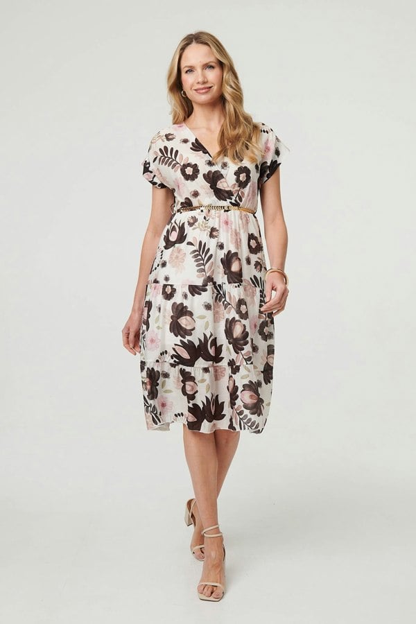 Brown | Floral Cap Sleeve Belted Wrap Midi Dress
